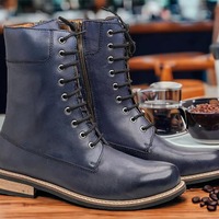 Handmade Men's Blue Laceup Zipper Leather Ankle High Boot - Thumbnail 1