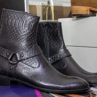 Handmade Men's Black Leather Harness Zipper Ankle High Boot - Thumbnail 1