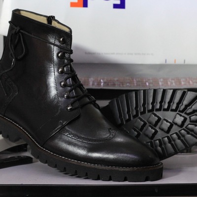  men's black leather lace up wing tip chunky sole handmade ankle boot