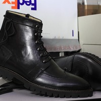  Men's Black Leather Lace Up Wing Tip Chunky Sole Handmade Ankle Boot - Thumbnail 1