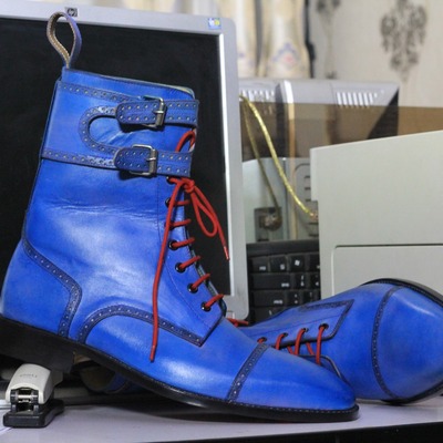 Handmade men's blue double monk buckle lace up cap toe leather ankle boot