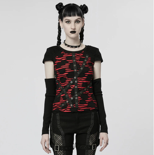 WOMEN BLACK-RED PUNK SEPERATED SLEEVES T-SHIRT