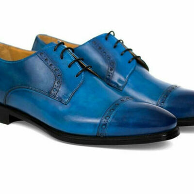 Rounded burnished cap toe lace up genuine leather men blue handcrafted shoes - Thumbnail 1