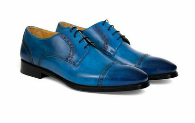 Rounded Burnished Cap Toe Lace Up Genuine Leather Men Blue Handcrafted Shoes