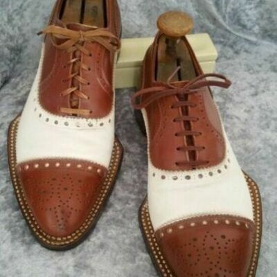 Handmade two tone tan and white lace up brogue dress formal shoes for men - Thumbnail 1