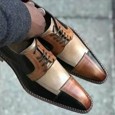 New handmade brown leather lace up patchwork dress shoes - Thumbnail 1