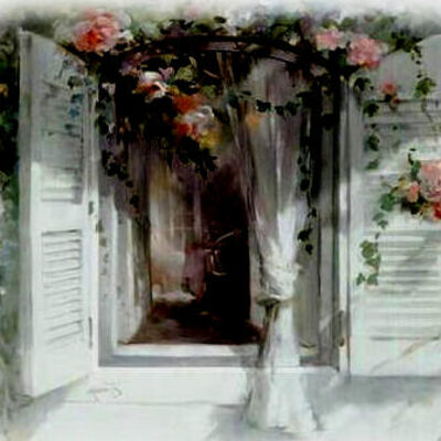 Rose covered shutters cross stitch pattern