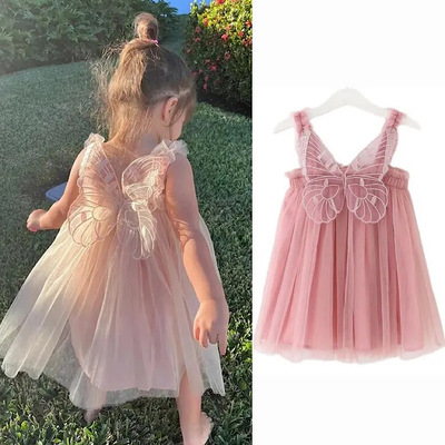 Baby toddler girls spring easter dress mesh butterfly wings tulle princess summer dress free shipping