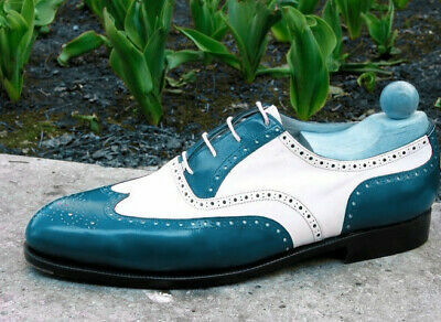 Wing Tip Brogues Toe Men White Green Two Tone Leather Oxford Lace Up Shoes