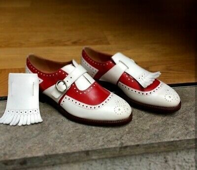 Fashion Genuine Leather Two Maroon White Tone Party Wear Monk Buckle Shoes