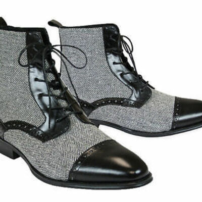 Handmade men two tone cap toe boots, men black and gray ankle lace up boots - Thumbnail 1