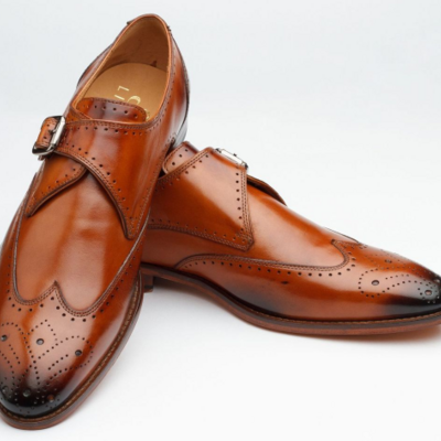 Men's brown monk single buckle strap full brogue burnished toe leather shoes