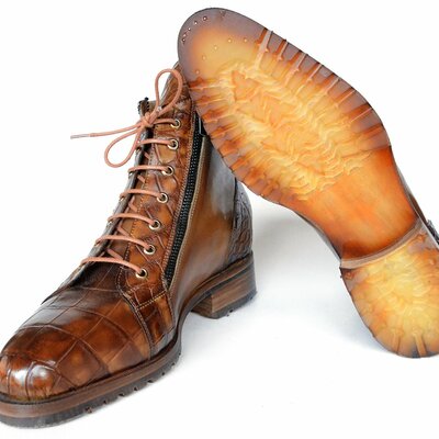 New handmade men's paul parkman brown genuine crocodile & calfskin side zipper boots - Thumbnail 2