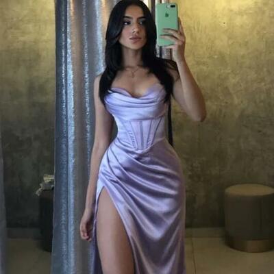 Mermaid straps slit lilac long backless prom dresses - Thumbnail 1