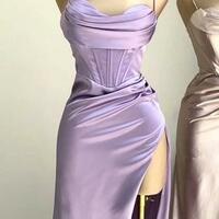 Mermaid Straps Slit Lilac Long Backless Prom Dresses - Thumbnail 1