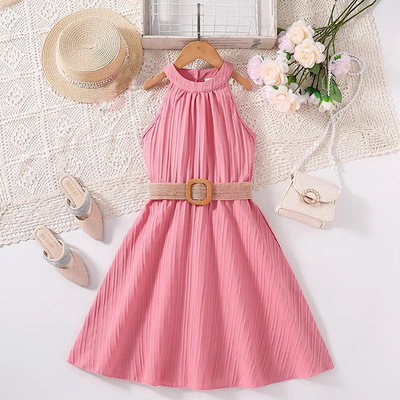 Toddler little girls pink ruched belted dress spring summer solid color halter neck easter dress free shipping