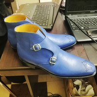 Blue Color Brogues Toe Chukka Genuine Leather Double Buckle Strap Monk Men Boots - Thumbnail 1