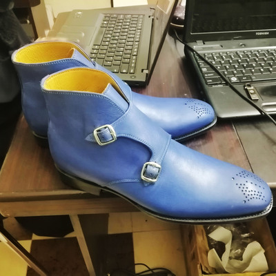 Blue color brogues toe chukka genuine leather double buckle strap monk men boots