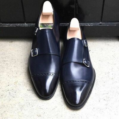 Blue monk burnished cap toe double buckle straps superior leather men shoes