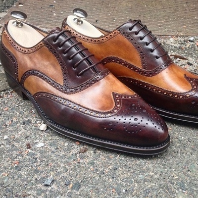 Maroon tan genuine premium leather men handmade wing tip oxford stylish shoes