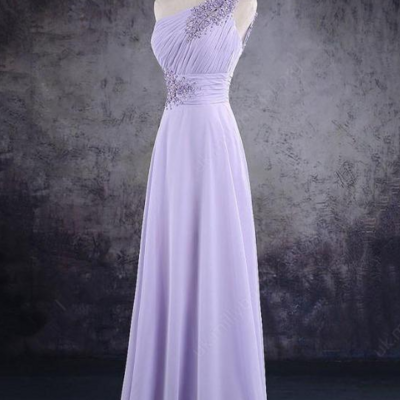 One shoulder lace applique light purple chiffon prom dresses - Thumbnail 4