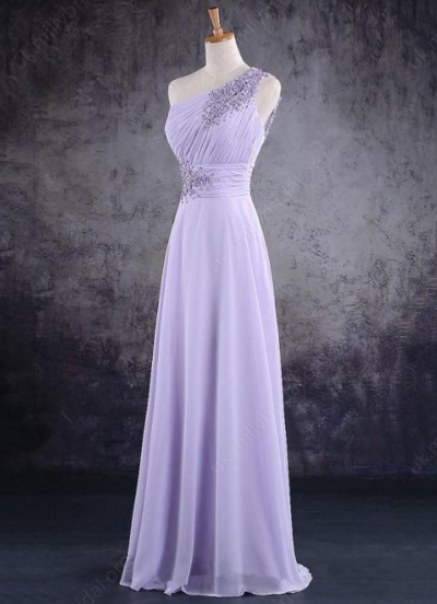 One Shoulder Lace Applique Light Purple Chiffon Prom Dresses