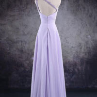 One Shoulder Lace Applique Light Purple Chiffon Prom Dresses - Thumbnail 1