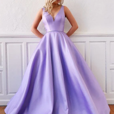 Simple v neck purple long satin prom dresses - Thumbnail 3
