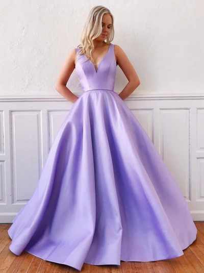 Simple V Neck Purple Long Satin Prom Dresses