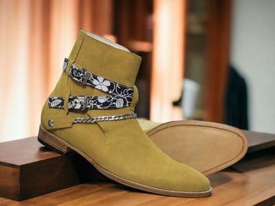 Suede Beige Jodhpurs Stylish Designer Handmade Ankle Boots For Men's