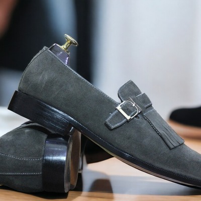 Fringe handmade gray suede singal monk buckle fringe formal men's shoes