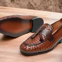 Handmade Men's Loafer Brown Tassel Apron Toe Woven Leather Fashion Designer Shoes - Thumbnail 1