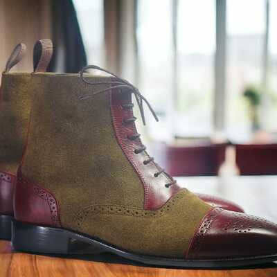 Handmade men's brown suede & red leather laceup cap toe ankle boot