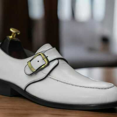 Men's handmade white color dress fashion monk strap shoes