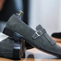 Men's Gray Singal Monk Buckle Suede Fringe Formal Handmade Shoes - Thumbnail 1