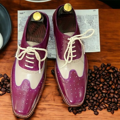  two tone leather laceup wing tip handmade men's dress shoes