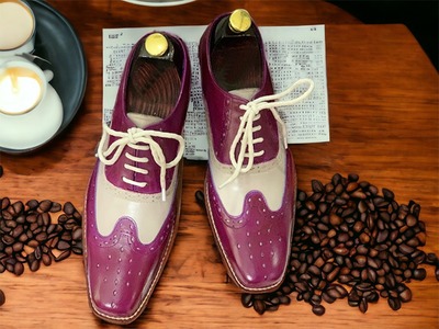  Two Tone Leather Laceup Wing Tip Handmade Men's Dress Shoes