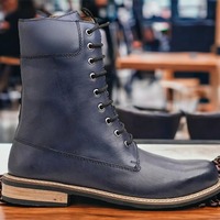 Men's Blue Laceup Zipper Leather Ankle High Handmade Boot - Thumbnail 1