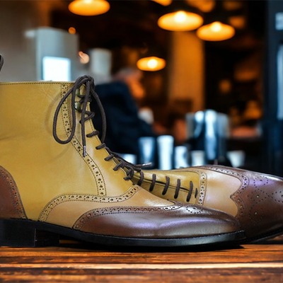 Handmade men's two tone leather laceup wing tip dress boots