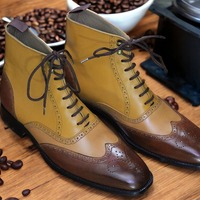 Handmade Men's Two Tone Leather Laceup Wing Tip Dress Boots - Thumbnail 1