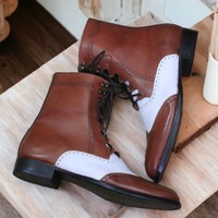 Handmade Ankle High Brown White Leather Boot, Men's Wing Tip Boot - Thumbnail 2