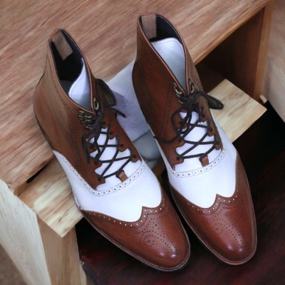 Handmade ankle high brown white leather boot, men's wing tip boot - Thumbnail 1