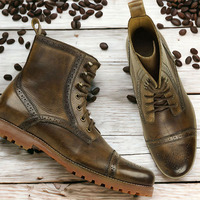 Handmade Men's Vintage Brown Cap Toe Lace Up Leather Boot, Rubber Sole Boot - Thumbnail 1