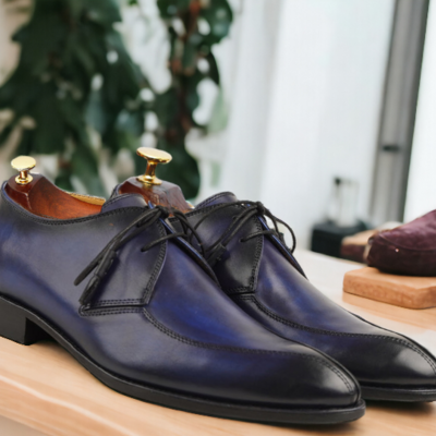 Handmade pure genuine blue leather shoes, men's lace up shoes - Thumbnail 1