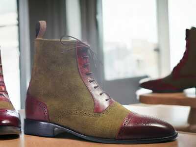 Handmade Men's Brown Suede & Red Leather Laceup Cap Toe Ankle Boot