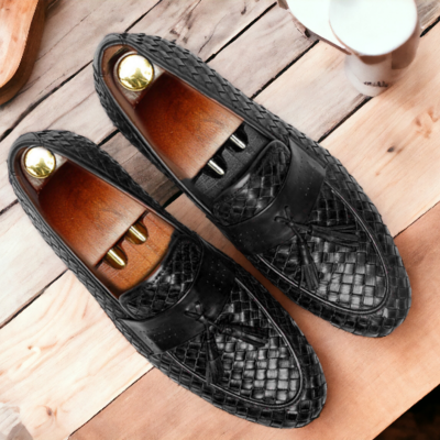 New men's stylish black woven leather loafer shoes, moccasin shoes - Thumbnail 1