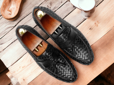 New Men's Stylish Black Woven Leather Loafer Shoes, Moccasin Shoes