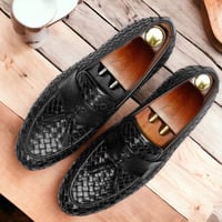 New Men's Stylish Black Woven Leather Loafer Shoes, Moccasin Shoes - Thumbnail 1