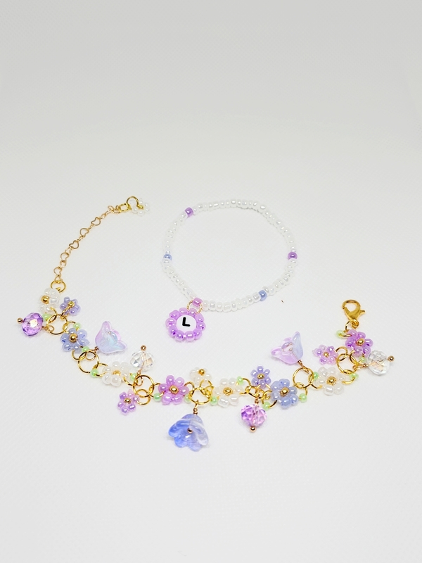  Purple Lily Bracelet Set with Glass beads, Gold Plated Wire and Clasp