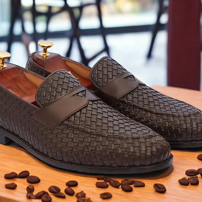 Handmade brown woven texture shoes, men's penny loafer shoes - Thumbnail 1